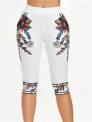  Dame Shorts Leggins Afslappet atletiktøj Knælængde Høj Talje Blomst Elastisk Talje Trykt mønster Åndbarhed Elastisk Ferierejse Gade Dagligdagstøj Hvid Sommer Regulær