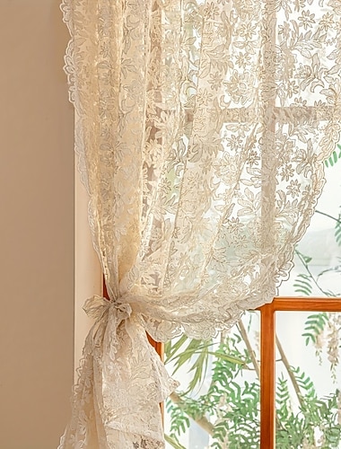  1 pezzo di tenda vintage in jacquard trasparente, tenda corta con tasca per asta, in rete di poliestere, pizzo ricamato, decorazione per casa, soggiorno, camera da letto, cucina
