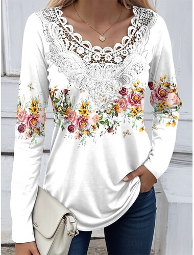  Blusa da donna tunica in pizzo con inserti colletto a V a maniche lunghe grafica floreale piante casual colletto rotondo tops regolari stampa quotidiana pizzo occhiello bianco verde avorio primavera