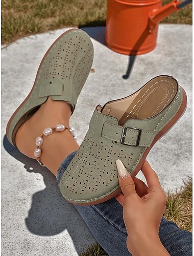  Grønne perforerte slip-on-mules for kvinner, komfortable fritidssko med spenne, ideelle for hverdagsbruk, hage og reiser