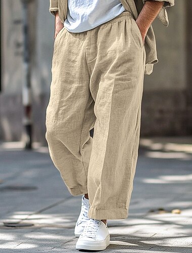  Homens Calças de linho Calças Calça verão Cintura elástica Perna reta Tecido Conforto Respirável Comprimento total Casual Diário Feriado Férias Moda Marron Verde Sem Elasticidade