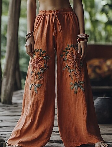  Women's Wide Leg Pants Trousers Palazzo Pants Casual Boho Full Length High Waist Flower Elastic Waist Drawstring Print Breathability Comfortable Street Daily Wear Going out Orange Spring Fall Regular