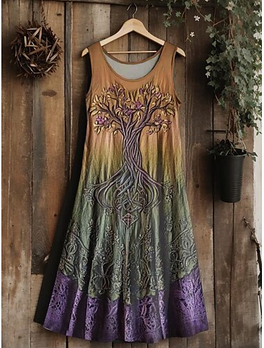  Vestido midi vintage con diseño de nudo celta vikingo y degradado para mujer, corte A, estilo bohemio, informal, para vacaciones, bodas, fiestas, playa, corte regular, estampado floral, hojas, sin