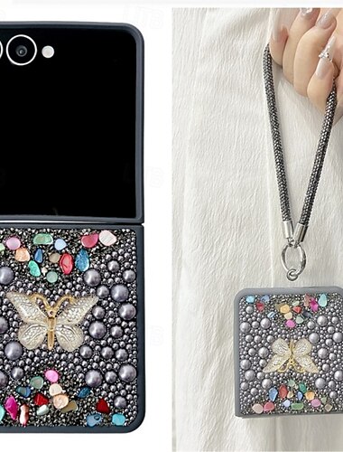  telefono Custodia Per Samsung Galaxy Z Flip 7 Z Flip 6 Z Flip 5 Z Flip 4 Copertura Posteriore con Cordino Glitter scintillanti Resistente agli urti Farfalla Retrò PC