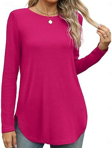  Dames Blouse Effen Kleur Stijlvol Casual Lange mouw Strakke ronde hals Lange tops Dagelijks Wit Fuchsia Groen Abrikoos Zomer Lente