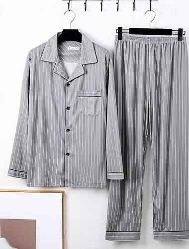  男性用 ネグリジェ パジャマセット パジャマトップとパンツ 1セット 縞 ファッション スタイリッシュ クラシック 家 日常 ベッドサイド ポリエステル 履き心地よい ソフト 高通気性 ラペル 長袖 シャツ パンツ 弾性ウエスト ボタン 春 秋 ブルー グレー