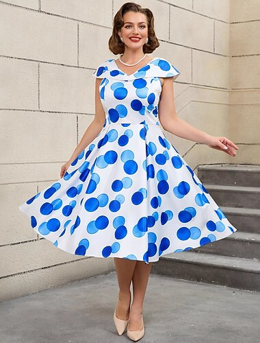  Années 1950 Rétro Vintage Midi Robe trapèze Robe Évasée Grande taille Pois Ajusté & Évasé Balançoire Col en V Déguisement Femmes Vacances Retour à la maison Soirée & Fête Adulte Robe Printemps & Été