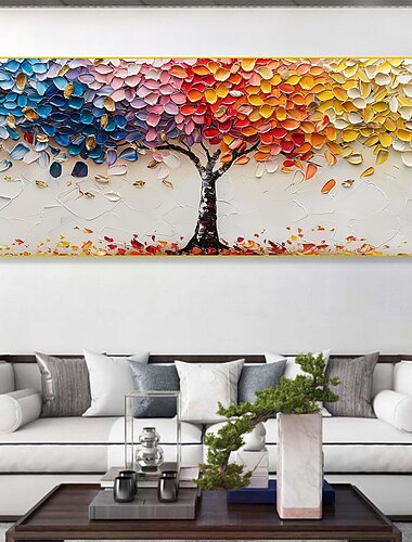  Pintura a óleo original e colorida feita à mão sobre tela de árvore abstrata, cenário de árvore, arte de parede para decoração de casa com moldura esticada, sem moldura interna