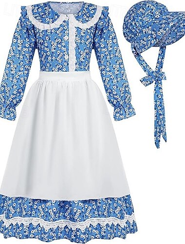  1910 19° secolo anni 1800 Abito da prateria Set cuffia e grembiule Ragazza pioniera Floreale Ragazze Halloween Carnevale Giornata mondiale del libro Vestiti per eventi scolastici Rievocazione storica