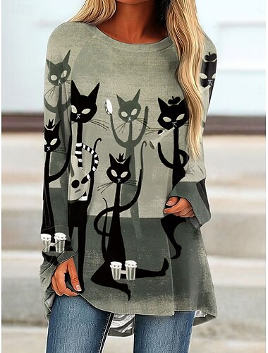  Halloween Per donna Maglietta Grafico Animale Vintage Elegante Classico Manica Lunga Girocollo Top lunghi Quotidiano Stampato Rosa Blu Verde Primavera Autunno