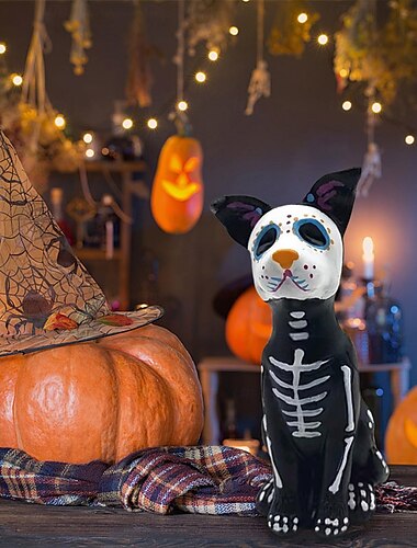 Statua di cane per il giorno dei morti, statua di animali con teschi di zucchero di Halloween, artigianato in resina, ornamento