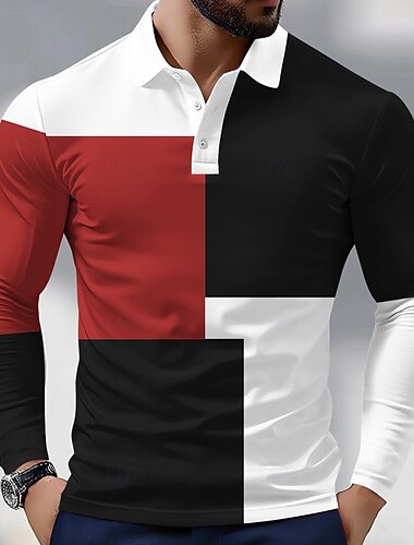  Men's Color Block Polo Long Sleeve Polo Shirts Collared Shirts Business Casual Athleisure Daily Wear 3D Print Spring Fall Red Blue Brown
