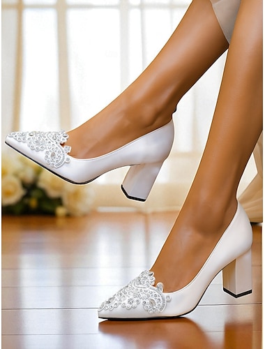  Elegante weiße Satin-Hochzeitspumps mit Blockabsatz und Kristallverzierung für Damen – bequeme Brautschuhe für formelle Zeremonien