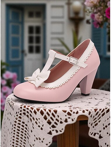  Scarpe col tacco Mary Jane vintage anni '50 con cinturino a T e fiocco rosa da donna – graziose décolleté a punta tonda in stile lolita per tea party, cosplay e occasioni speciali