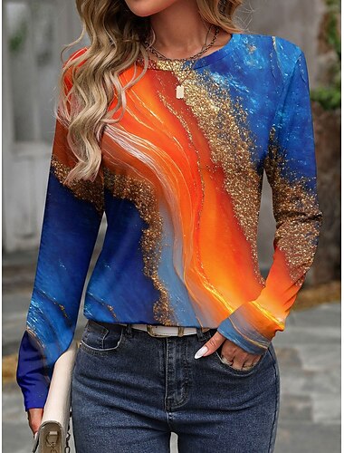  Per donna Maglietta Ombre Grafico Blocco di colori Vintage Elegante Casual Manica Lunga Girocollo Top Regolari Quotidiano Stampato Viola Arancione Verde Estate Primavera Autunno