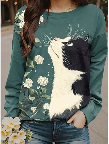  Damen Sweatshirts Grafik Tiermotiv Lässig Langarm Rundhalsausschnitt Normale Oberteile Straße Alltagskleidung Druck Gelb Blau Orange Grün Herbst Winter