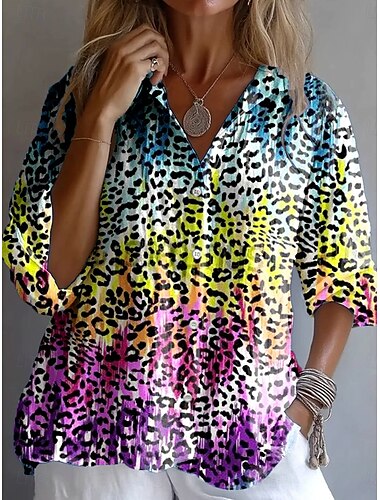  Damen Hemd Grafik Leopard Schmetterling Vintage Tropisch Täglich Langarm V Ausschnitt Hemdkragen Normale Oberteile Arbeit Täglich Knöpfe Druck Braun Khaki Regenbogen Sommer Frühling