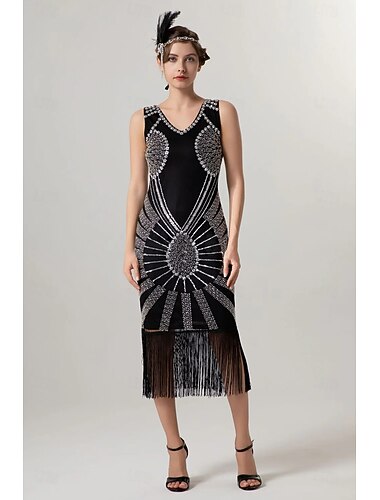  Möly 20s 1920-luku Polvipituinen Mekko Coctail-asu Hihaton Suuri Gatsby Flapper tyttö Paljetti Hapsut V kaula-aukko Naamiaispuku Naisten Joulu Karnevaali Iltajuhlat Häät salakapakka Aikuiset Leninki