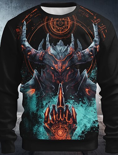 Halloween Herren Teufel Sensenmann Pullover Sweatshirt Sweatshirt mit Kapuze Rundhalsausschnitt Punk 3D-Druck Urlaub Ferien Schwarz 1 Schwarz Rundhalsausschnitt 3D Grafik Ganzjahres Designer