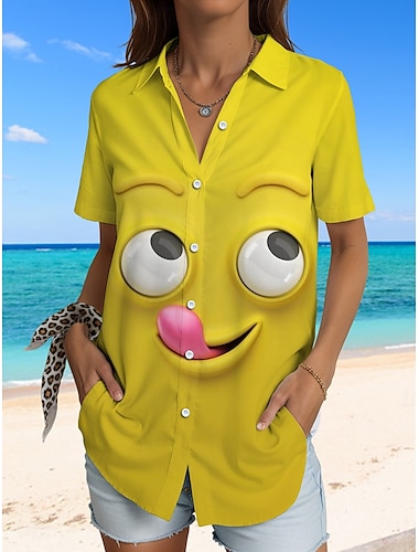  Per donna Camicia Grafico 3D Vintage Tropicale Quotidiano Manica Corta Colletto a Camicia Top Regolari Quotidiano Giallo Blu Marrone Estate Primavera