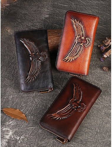  Portefeuille long en cuir véritable pour femme avec motif d'aigle sculpté, pochette zippée vintage pour femmes élégantes, parfait pour un usage quotidien et des occasions spéciales