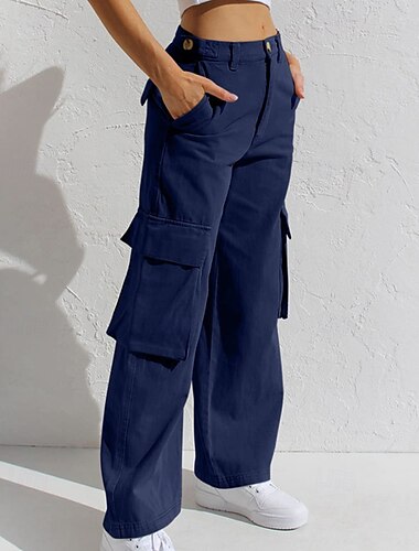  Women's Cargo Pants Slacks Streetwear Casual Full Length Natural Plain Pocket Comfy Outdoor Going out Grey Black White Blue Fall Regular Fit