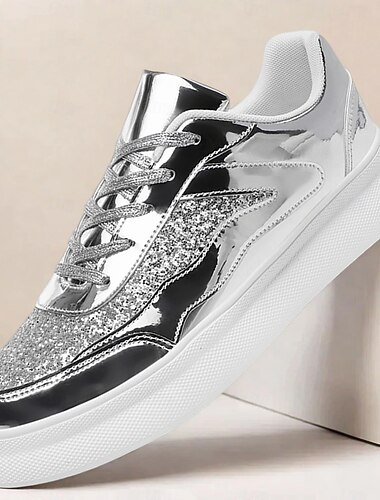  Baskets à paillettes argentées pour hommes, chaussures de sport décontractées et brillantes pour les fêtes et festivals de style urbain