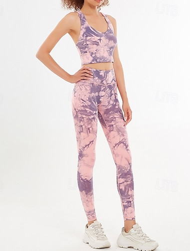  Mulheres 2 Peças Conjunto de Roupa Atlética Sutiãs esportivos Leggings sem costura Estampado Conjuntos Rosa claro Azul Academia Esportivo Pilates Cintura Alta Não transparente Compressão abdominal