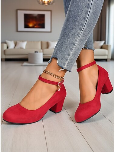  Scarpe da donna con tacco a blocco rosso, modello Mary Jane, con punta tonda in finta pelle scamosciata e cinturino alla caviglia, stile vintage per ufficio, feste e uso quotidiano