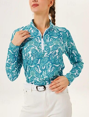  Damen Grafik Beflockung Golf-Poloshirt Tennis Shirt Langarm Druck Viertel Postleitzahl Pullover UV Schutz Elastisch Atmungsaktiv Tennis Golfspiel Pickleball Reißverschlusskragen Hemd Polo Blau