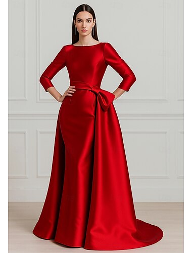  Linha A Vestidos de noite Elegante Vestido Formal Casamento Longo Manga 3/4 Gola Redonda Cetim Elástico com Pregas 2025