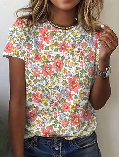  女性用 Tシャツ フラワー ファッション 近代の 半袖 クルーネック レギュラートップス 日常 プリント イエロー ピンク グレー 夏