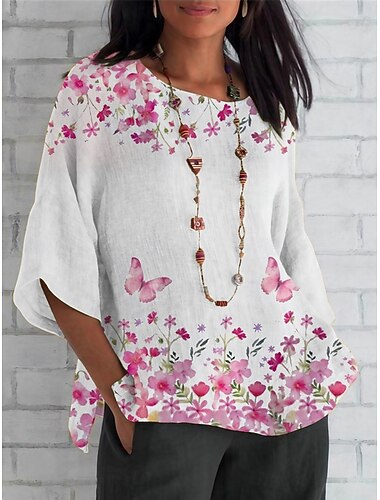  Per donna Camicia Floreale Quotidiano Casual Manica 3/4 Girocollo Top Regolari Quotidiano Ferie Stampato Bianco Estate Primavera Autunno