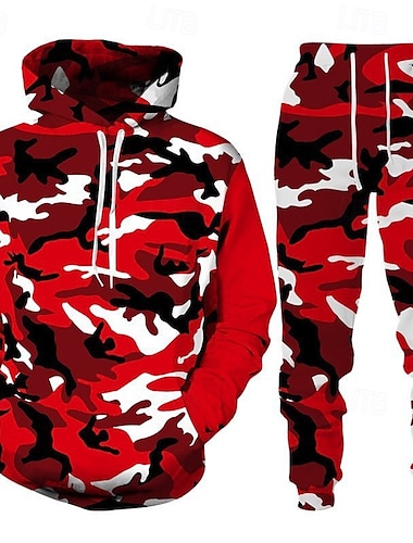  Per uomo Tuta da Ginnastica Set di abiti Set di felpe con cappuccio Felpa con Cappuccio All'aperto Quotidiano Sportivo Tasca Coulisse Mimetico Rosa Rosso Blu marino Stampa Grafica Poliestere