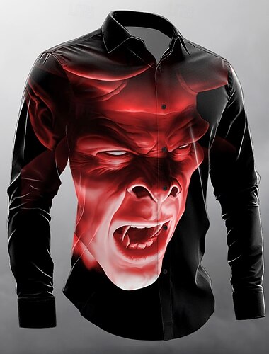  Pánské Lidská tvář Halloweenské kostýmy Košile Košile na knoflíky Dlouhý rukáv Temný punk gotický Dovolená Streetwear Léto Jaro Přehnutý 3D tisk košile s límečkem Černá