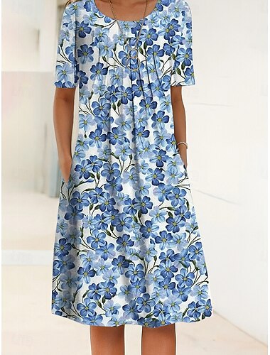  Per donna Abito Midi Abito a Tubino Abito Estivo Vacanza Casual Quotidiano Vestibilità regolare Floreale Grafico Mezza Manica Girocollo Rosso Blu Blu scuro Estate Primavera