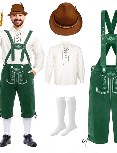  Oktoberfest Lederhosen Chemise Chapeau alpin Bavarois Allemand Prairies Homme Carnaval Soirée Fête de la Bière Tissu de style traditionnel Chemisier Shorts Tenue