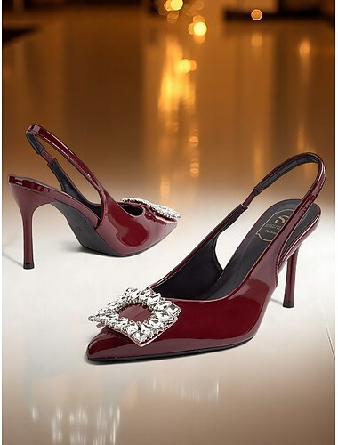  Women's Burgundy Patent Leather Slingback Heels - Pointed Toe Stilettos with Crystal Buckle for Formal Events and Cocktail Parties