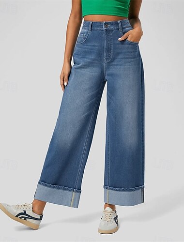  Per donna Gamba larga Pantaloni Eleganti Casual Lunghezza intera Naturale Semplice Tasca Comodo Streetwear Abbigliamento quotidiano Blu scuro Primavera Autunno Vestibilità comoda