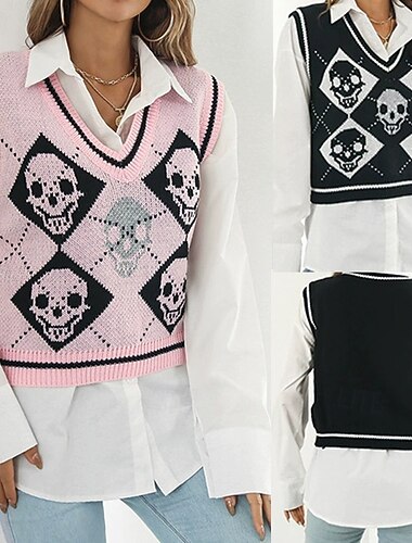  Per donna Gilet Maglione Casual Scheletro Spesso Scollo a V Lavorato a maglia Senza Maniche Top Regolari Maglia Halloween Quotidiano Ferie Nero Rosa Autunno Inverno