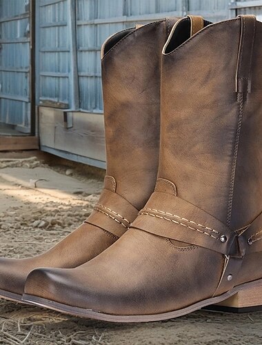  męskie brązowe kowbojskie buty ze sztucznej skóry w stylu western – wsuwane buty w stylu vintage do jazdy konnej, na festiwale muzyki country i imprezy w stylu western