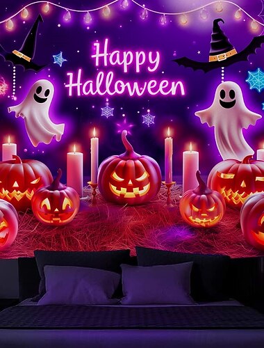  Halloween Czarna Światłość Tkanina Słodki Duch Dynia UV Reaktywna Świeci w Ciemności Las Trippy Góra Mgliste Cmentarz Duch Zawieszona Tkanina Sztuka Ścienna Mural do Salonu Sypialni