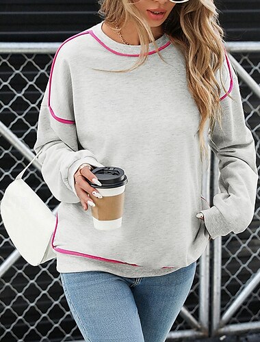  Dame Pullover sweatshirt Sweatshirts Farveblok Gade Afslappet Langærmet Rund hals Almindelige toppe Gade I-byen-tøj Patchwork Lysegrå Efterår Vinter