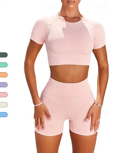  Női 2 darab Edzőkészletek Rövidnadrág és crop top Tömör szín Ruházat Fekete Arcpír rózsaszín Edzőterem edzés Magas derék Rugalmas Légáteresztő Rövid ujjú Sport Sportruházat Vékony
