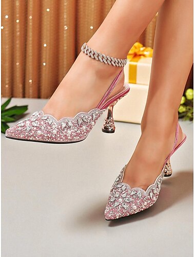  Zapatos de tacón con tira trasera y diamantes de imitación rosas para mujer: zapatos de fiesta de punta puntiaguda con adornos de perlas y cristales para la vida nocturna, clubes y eventos glamurosos.