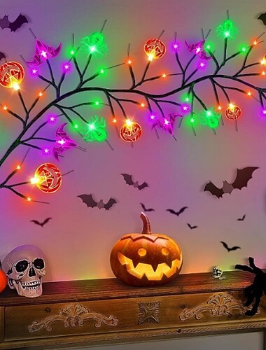  Luci decorative a LED per Halloween con rami e design a forma di zucca e pipistrello, a batteria, per l'illuminazione di atmosfere di festival, per bar, feste e interni. &decorazioni per esterni