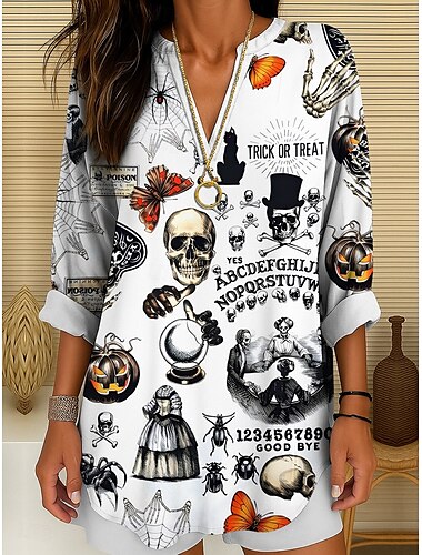  Halloween نسائي بلوزة قلب الحب الرسم عتيق أنيق كاجوال كم طويل V رقبة قمصان عادية مناسب للبس اليومي مناسب للعطلات طباعة أسود أبيض برتقالي الصيف الربيع الخريف