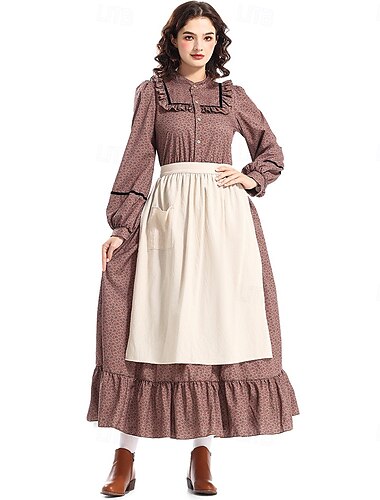  19世紀 1800年代 オールドウェスト コスプレ衣装 プレーリードレス 開拓 女性用 ハロウィーン カーニバル 世界本の日 学校行事のドレスアップ 歴史再現 成人 ドレス エプロン