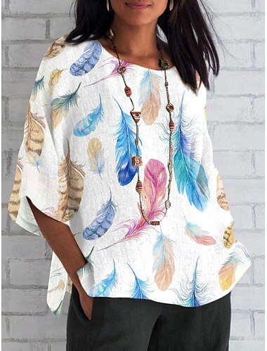  Women's Shirt Feather Daily Casual 3/4 Length Sleeve Crew Neck Regular Tops Daily Holiday Print White Pink Blue Summer Spring Fall