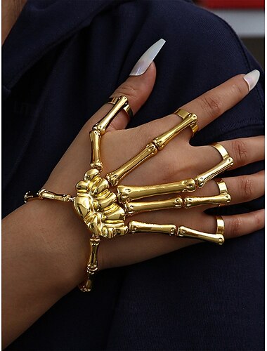  Pulsera de mano de esqueleto de aleación de Halloween para mujer: anillos de dedo ajustables de estilo gótico punk para fiestas y cosplay.